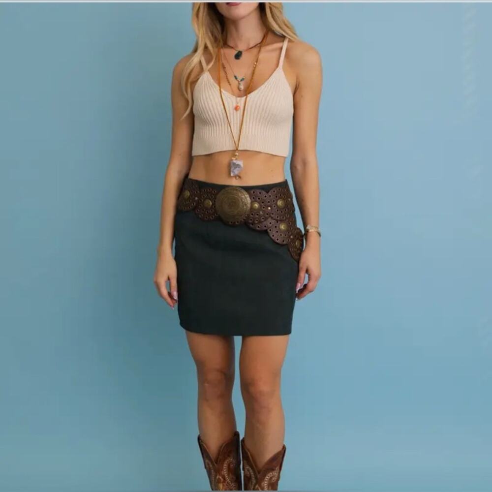 One Size Western Boho Embellished Circle Belt Brown Gold Big Buckle